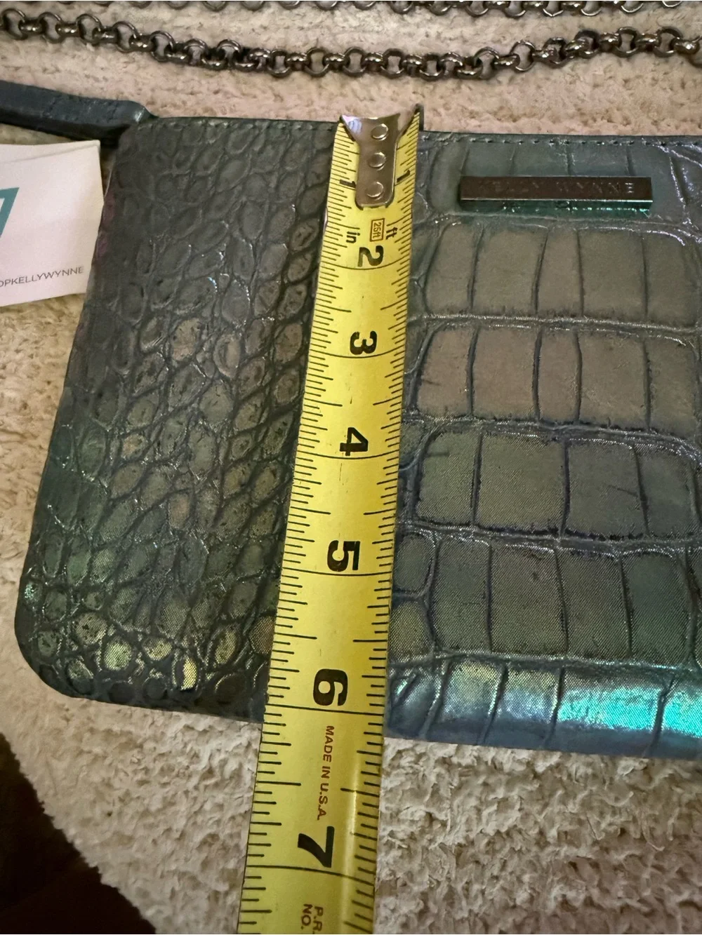 Kelly Wynne Iridescent Green Croc-Embossed Clutch Wallet with strap